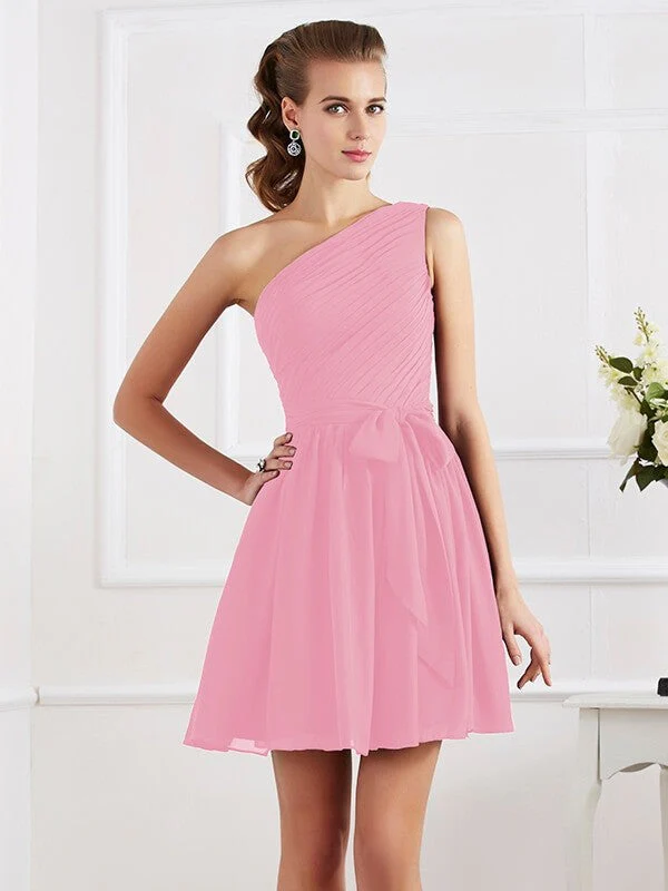 Charming Pleats One Shoulder Sleeveless Short Chiffon Bridesmaid Dresses - Image 21