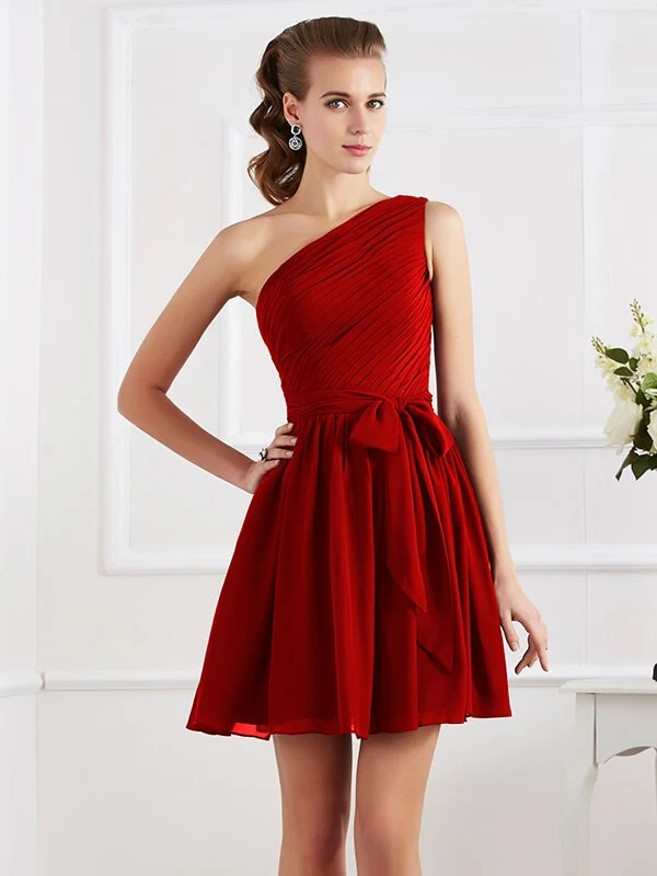 Charming Pleats One Shoulder Sleeveless Short Chiffon Bridesmaid Dresses - Image 22
