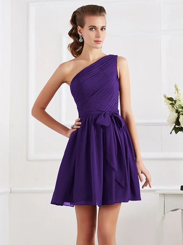 Charming Pleats One Shoulder Sleeveless Short Chiffon Bridesmaid Dresses - Image 23
