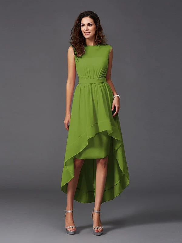 Chic Sash/Ribbon/Belt Sleeveless High Low Chiffon Bridesmaid Dresses - Image 14