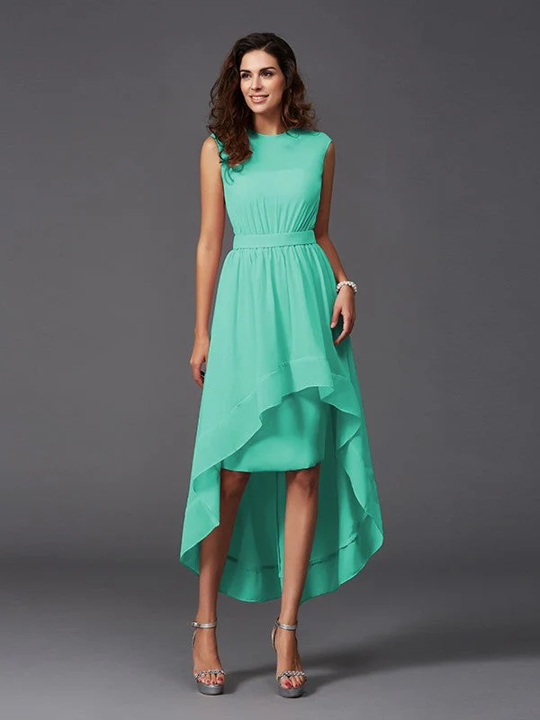 Chic Sash/Ribbon/Belt Sleeveless High Low Chiffon Bridesmaid Dresses - Image 15