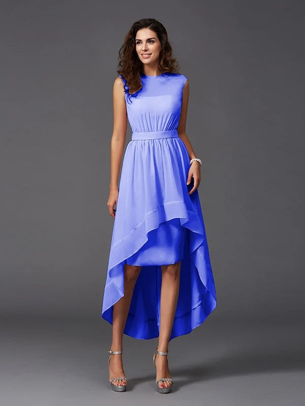 Chic Sash/Ribbon/Belt Sleeveless High Low Chiffon Bridesmaid Dresses - Image 16