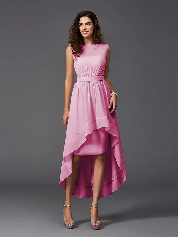 Chic Sash/Ribbon/Belt Sleeveless High Low Chiffon Bridesmaid Dresses - Image 22