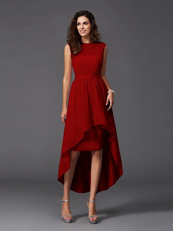 Chic Sash/Ribbon/Belt Sleeveless High Low Chiffon Bridesmaid Dresses - Image 23