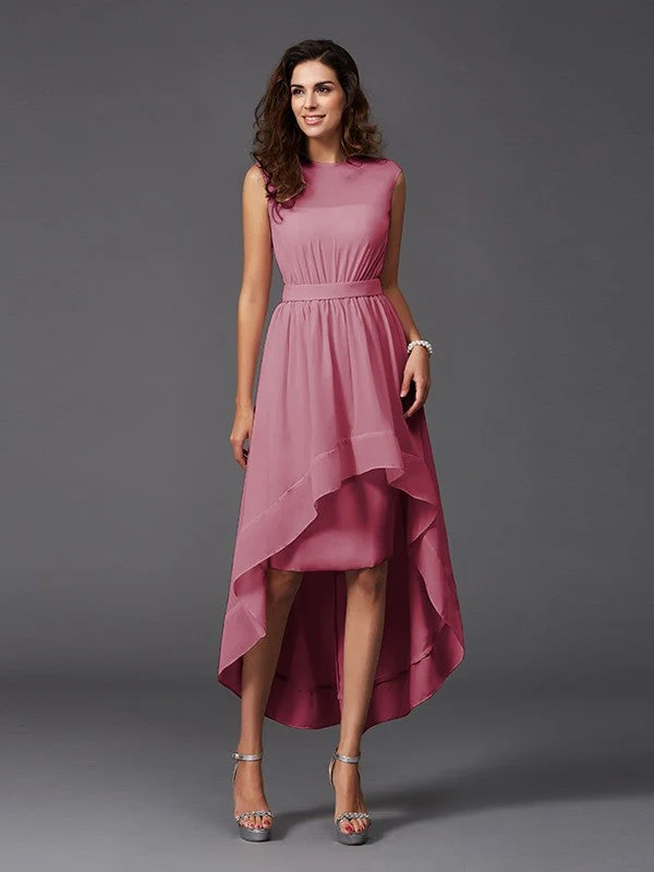 Chic Sash/Ribbon/Belt Sleeveless High Low Chiffon Bridesmaid Dresses - Image 28