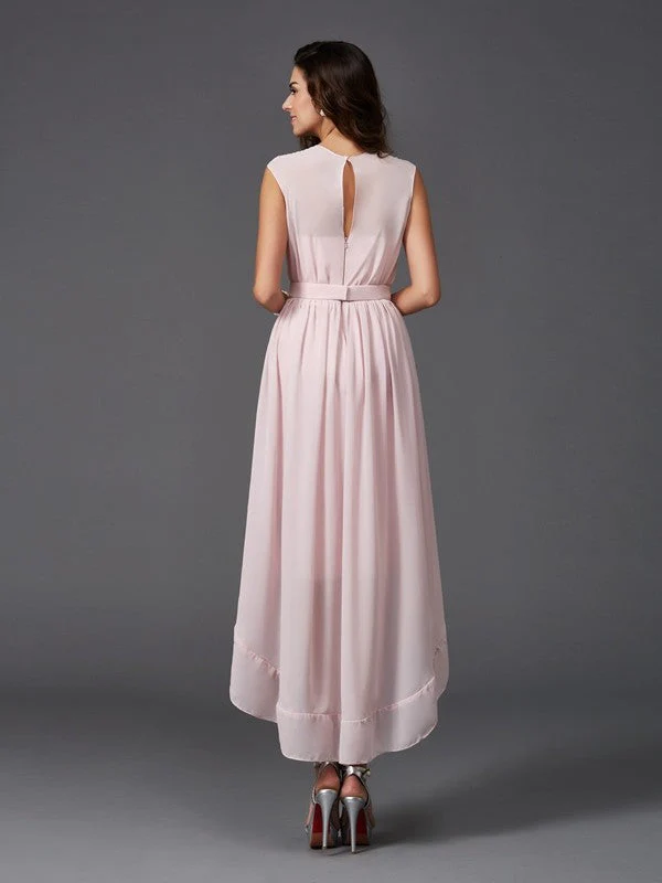 Chic Sash/Ribbon/Belt Sleeveless High Low Chiffon Bridesmaid Dresses - Image 30
