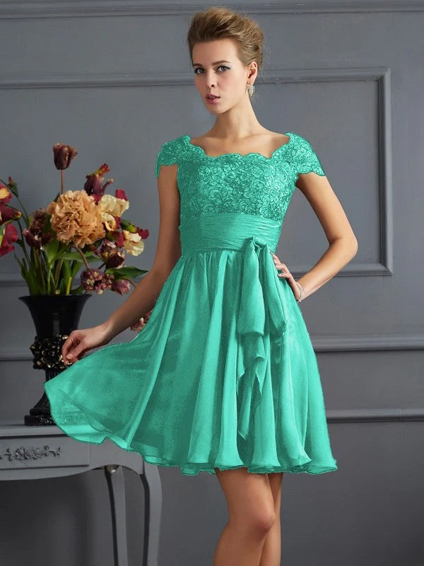 Chic Short Sleeves Lace Short Chiffon Bridesmaid Dresses - Image 15