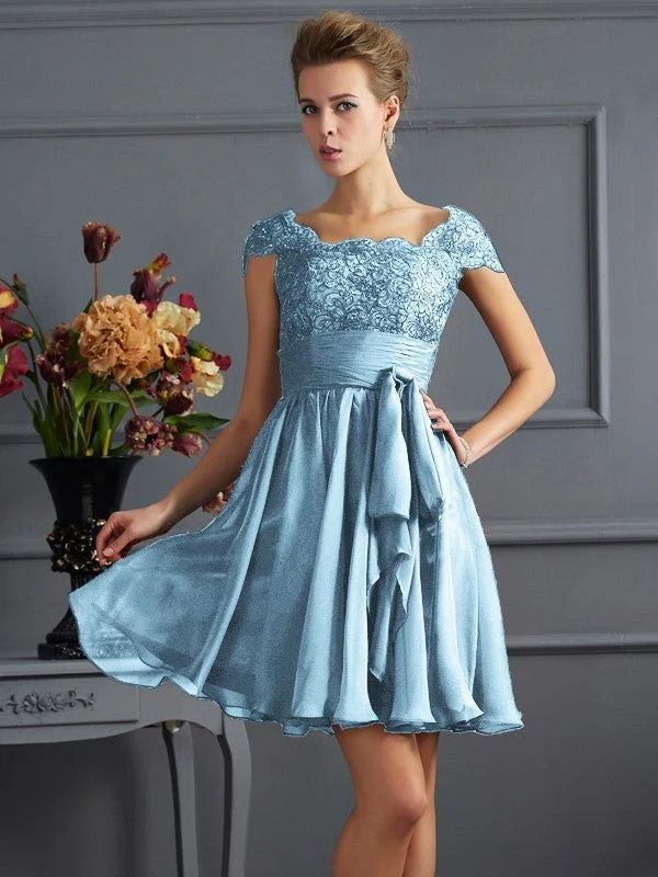 Chic Short Sleeves Lace Short Chiffon Bridesmaid Dresses - Image 17