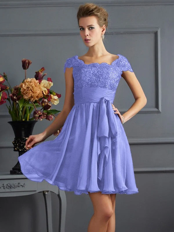 Chic Short Sleeves Lace Short Chiffon Bridesmaid Dresses - Image 18