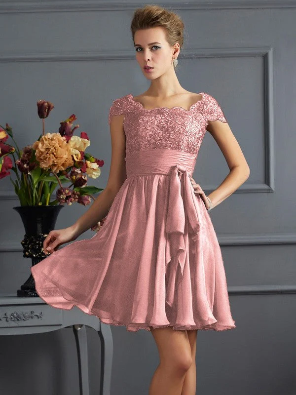 Chic Short Sleeves Lace Short Chiffon Bridesmaid Dresses - Image 19