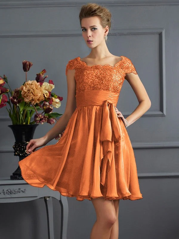 Chic Short Sleeves Lace Short Chiffon Bridesmaid Dresses - Image 21