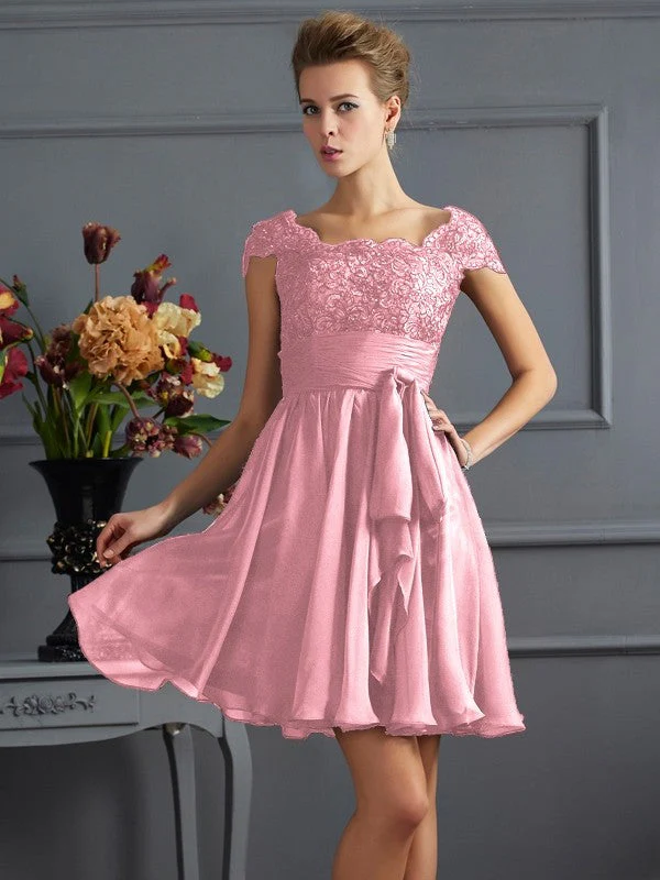 Chic Short Sleeves Lace Short Chiffon Bridesmaid Dresses - Image 22