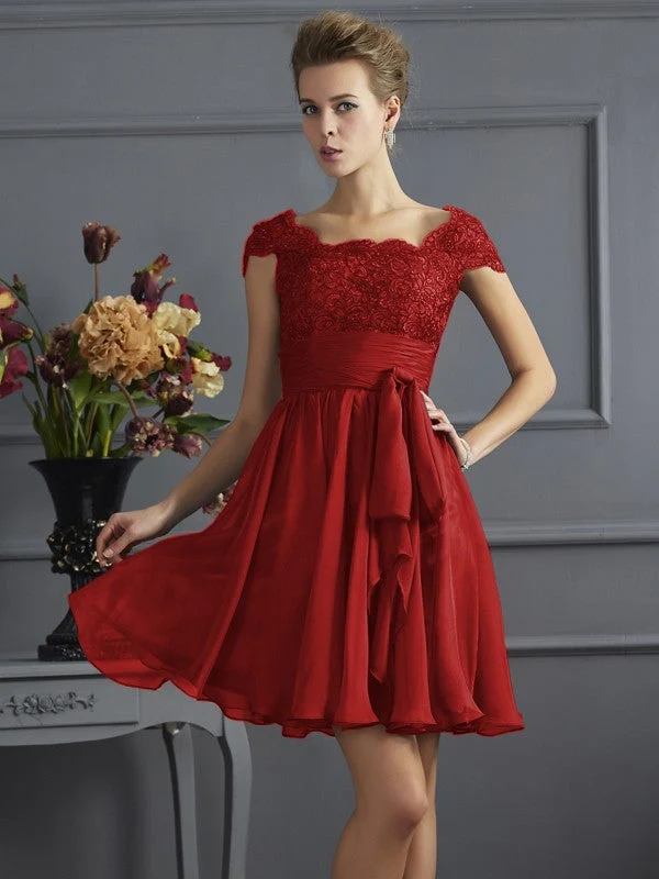Chic Short Sleeves Lace Short Chiffon Bridesmaid Dresses - Image 25