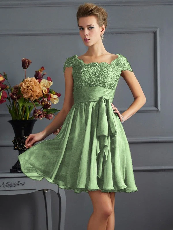 Chic Short Sleeves Lace Short Chiffon Bridesmaid Dresses - Image 26