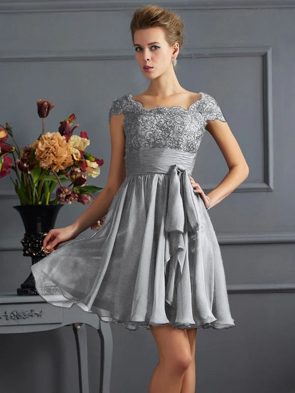 Chic Short Sleeves Lace Short Chiffon Bridesmaid Dresses - Image 27