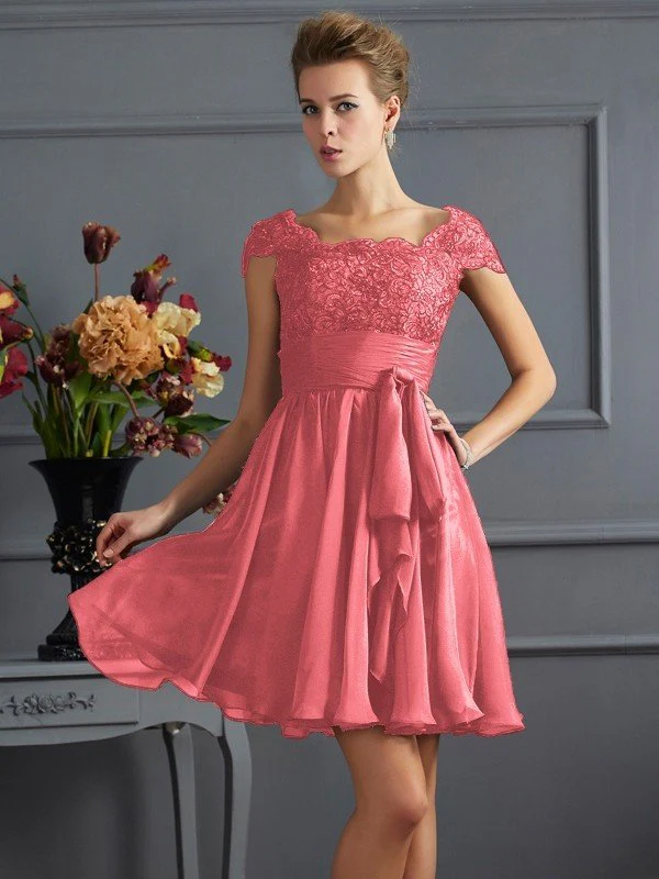 Chic Short Sleeves Lace Short Chiffon Bridesmaid Dresses - Image 28