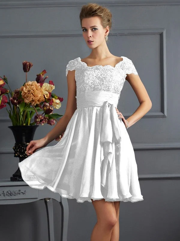 Chic Short Sleeves Lace Short Chiffon Bridesmaid Dresses - Image 29