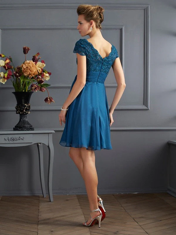 Chic Short Sleeves Lace Short Chiffon Bridesmaid Dresses - Image 30
