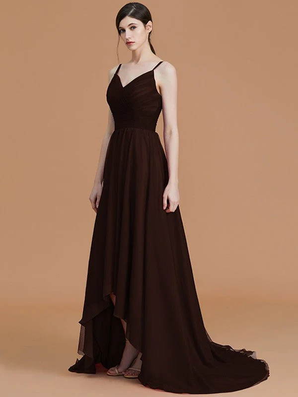 Charming Spaghetti Straps Sleeveless Asymmetrical Ruffles Chiffon Bridesmaid Dresses - Image 15