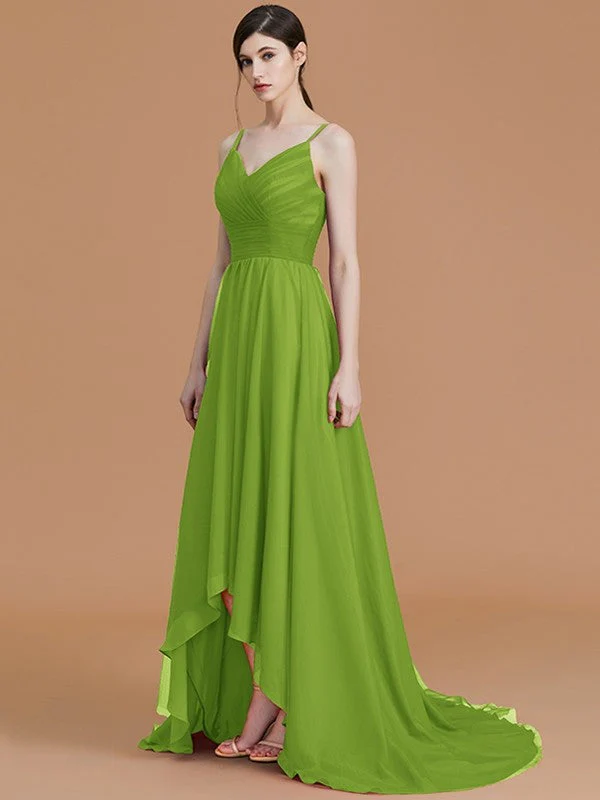 Charming Spaghetti Straps Sleeveless Asymmetrical Ruffles Chiffon Bridesmaid Dresses - Image 22