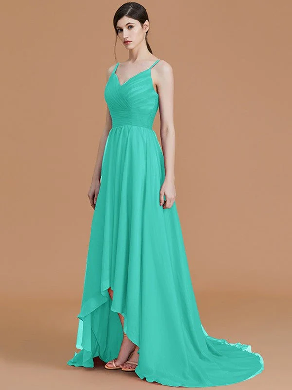 Charming Spaghetti Straps Sleeveless Asymmetrical Ruffles Chiffon Bridesmaid Dresses - Image 23
