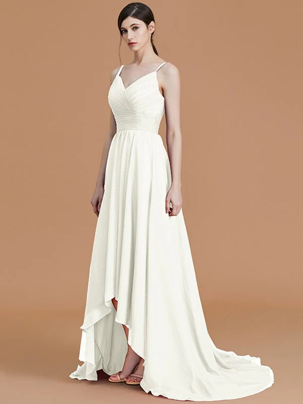 Charming Spaghetti Straps Sleeveless Asymmetrical Ruffles Chiffon Bridesmaid Dresses - Image 24
