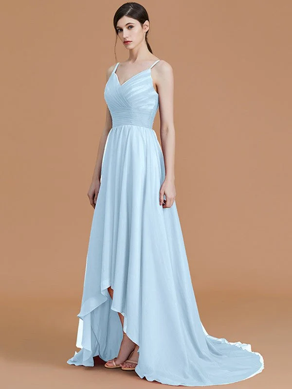 Charming Spaghetti Straps Sleeveless Asymmetrical Ruffles Chiffon Bridesmaid Dresses - Image 26