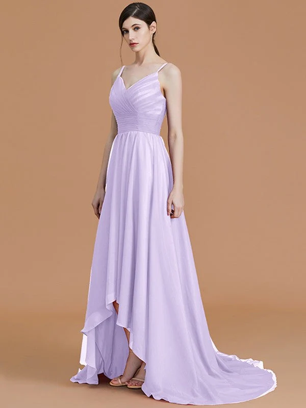Charming Spaghetti Straps Sleeveless Asymmetrical Ruffles Chiffon Bridesmaid Dresses - Image 27