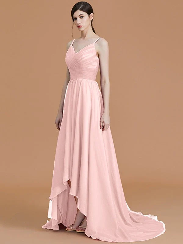 Charming Spaghetti Straps Sleeveless Asymmetrical Ruffles Chiffon Bridesmaid Dresses - Image 29