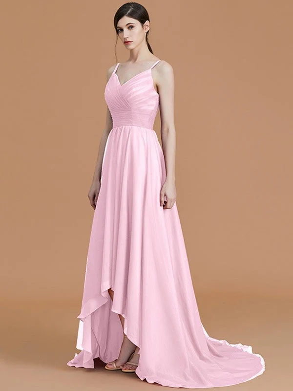 Charming Spaghetti Straps Sleeveless Asymmetrical Ruffles Chiffon Bridesmaid Dresses - Image 30