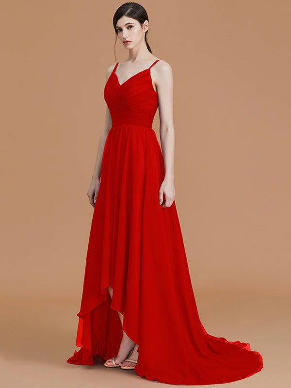 Charming Spaghetti Straps Sleeveless Asymmetrical Ruffles Chiffon Bridesmaid Dresses - Image 31