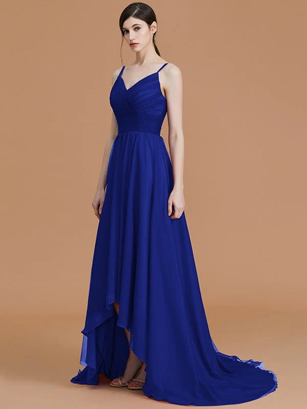 Charming Spaghetti Straps Sleeveless Asymmetrical Ruffles Chiffon Bridesmaid Dresses - Image 33