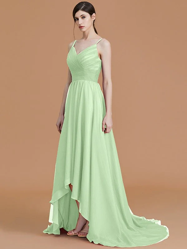 Charming Spaghetti Straps Sleeveless Asymmetrical Ruffles Chiffon Bridesmaid Dresses - Image 34