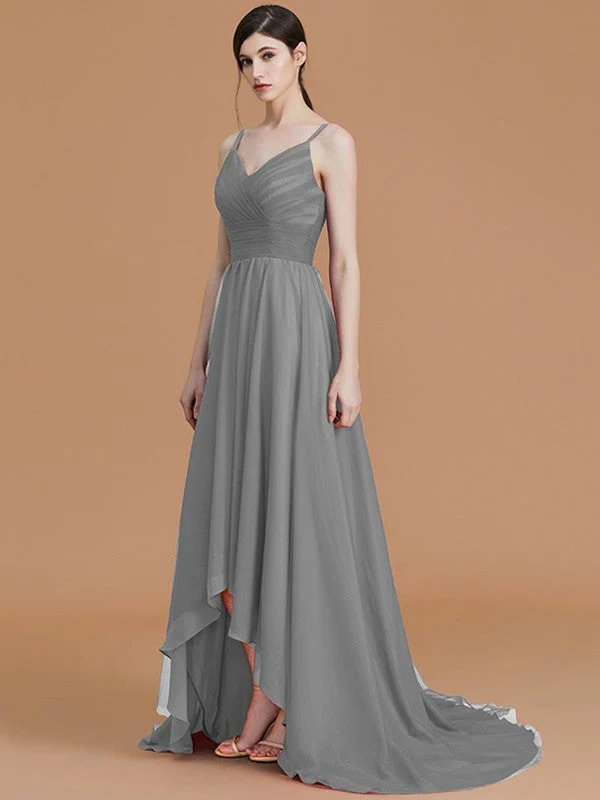 Charming Spaghetti Straps Sleeveless Asymmetrical Ruffles Chiffon Bridesmaid Dresses - Image 35