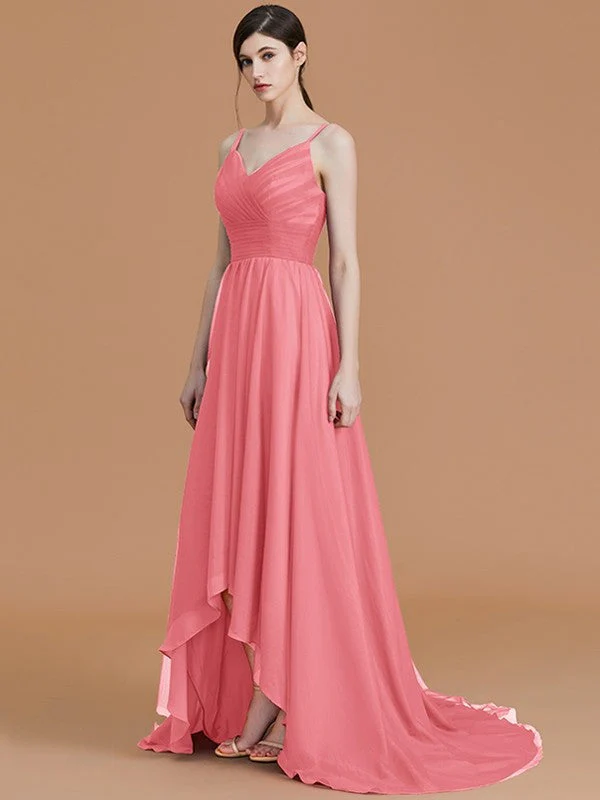 Charming Spaghetti Straps Sleeveless Asymmetrical Ruffles Chiffon Bridesmaid Dresses - Image 36