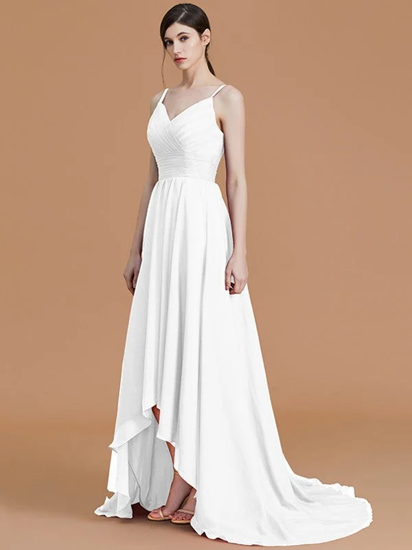 Charming Spaghetti Straps Sleeveless Asymmetrical Ruffles Chiffon Bridesmaid Dresses - Image 37