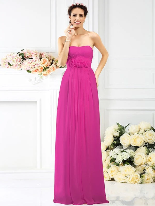 Charming Strapless Hand-Made Flower Sleeveless Long Chiffon Bridesmaid Dresses - Image 11