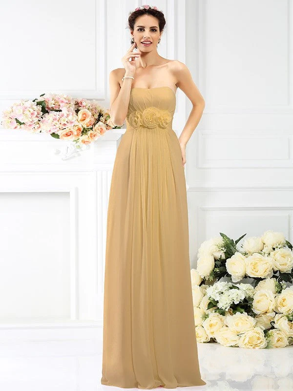 Charming Strapless Hand-Made Flower Sleeveless Long Chiffon Bridesmaid Dresses - Image 12