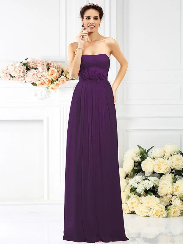 Charming Strapless Hand-Made Flower Sleeveless Long Chiffon Bridesmaid Dresses - Image 13