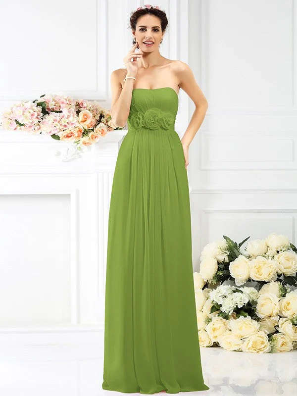 Charming Strapless Hand-Made Flower Sleeveless Long Chiffon Bridesmaid Dresses - Image 14
