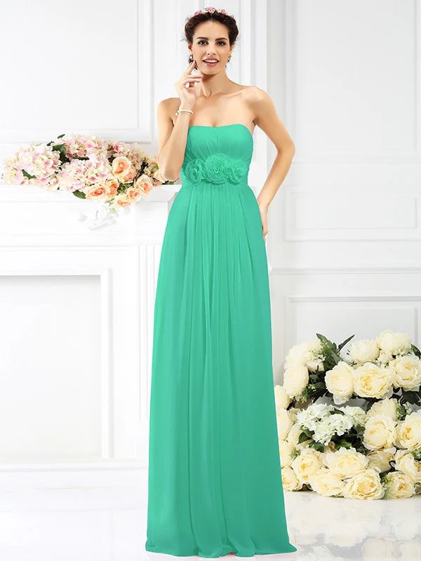 Charming Strapless Hand-Made Flower Sleeveless Long Chiffon Bridesmaid Dresses - Image 15