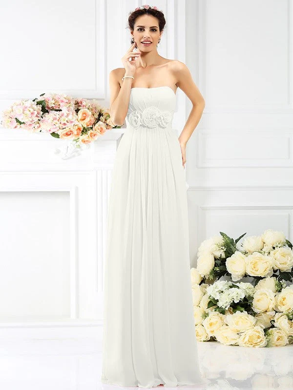 Charming Strapless Hand-Made Flower Sleeveless Long Chiffon Bridesmaid Dresses - Image 16