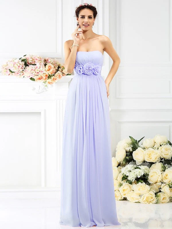 Charming Strapless Hand-Made Flower Sleeveless Long Chiffon Bridesmaid Dresses - Image 17