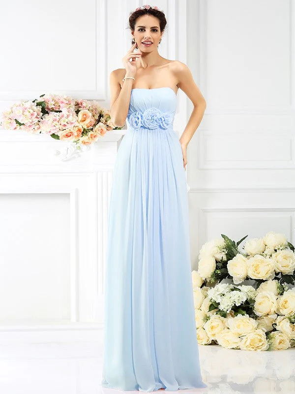 Charming Strapless Hand-Made Flower Sleeveless Long Chiffon Bridesmaid Dresses - Image 18