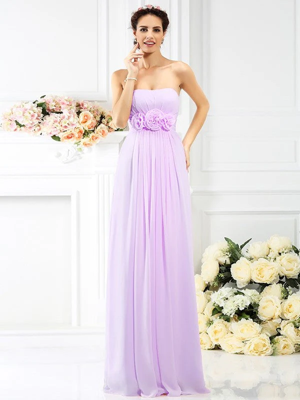 Charming Strapless Hand-Made Flower Sleeveless Long Chiffon Bridesmaid Dresses - Image 19