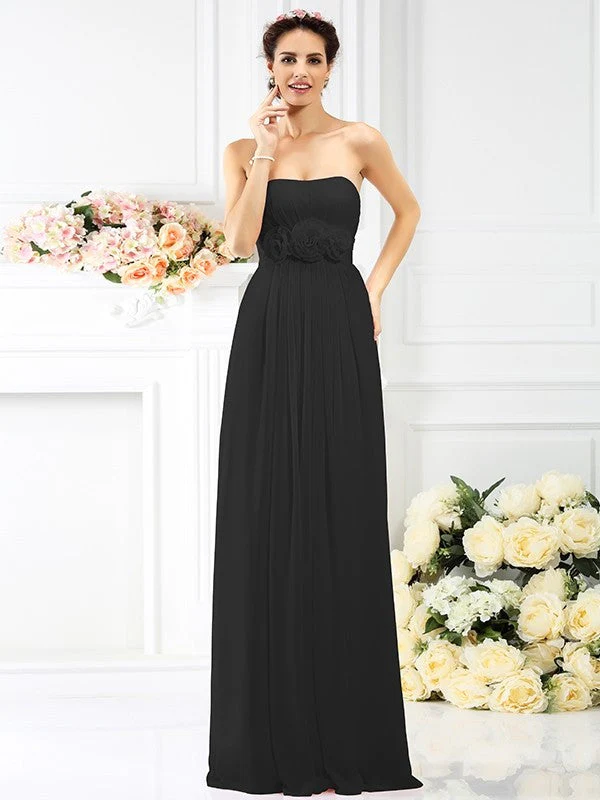 Charming Strapless Hand-Made Flower Sleeveless Long Chiffon Bridesmaid Dresses - Image 2