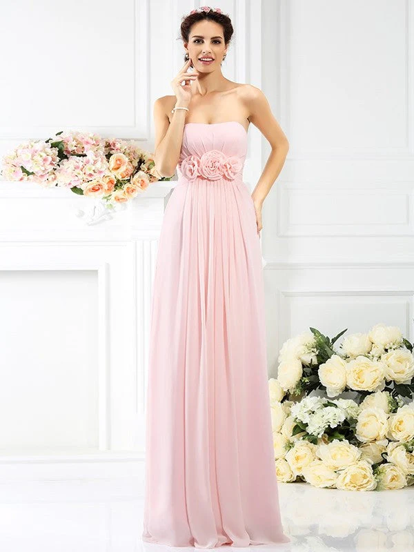 Charming Strapless Hand-Made Flower Sleeveless Long Chiffon Bridesmaid Dresses - Image 22