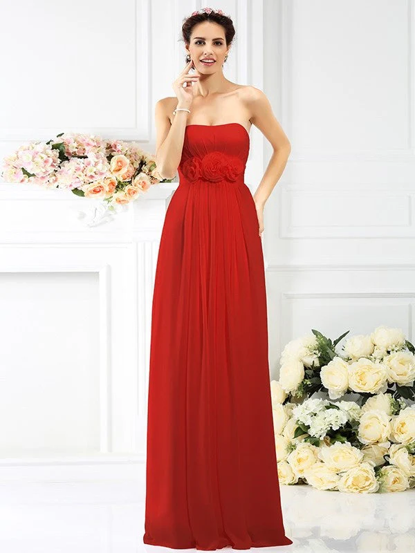 Charming Strapless Hand-Made Flower Sleeveless Long Chiffon Bridesmaid Dresses - Image 23