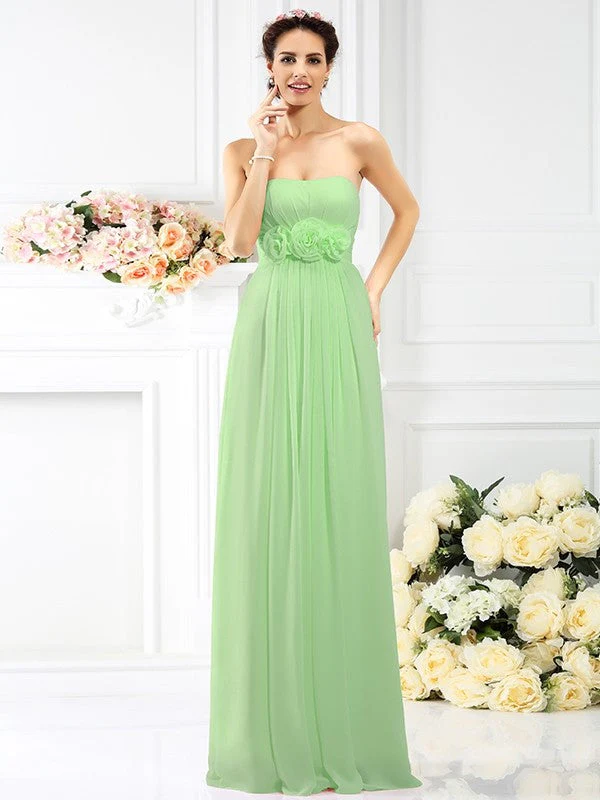 Charming Strapless Hand-Made Flower Sleeveless Long Chiffon Bridesmaid Dresses - Image 26