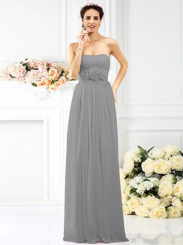 Charming Strapless Hand-Made Flower Sleeveless Long Chiffon Bridesmaid Dresses - Image 27